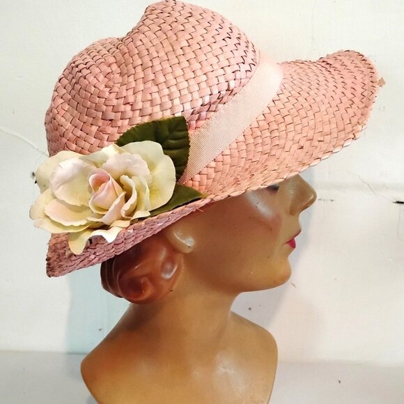 1970s Vintage Pink Straw Hat With Rose - Picture 1 of 6